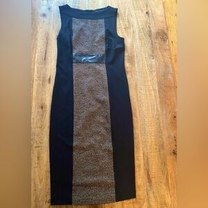 Yansi Fugel black shift midi dress fitted with tweed middle front + back panels